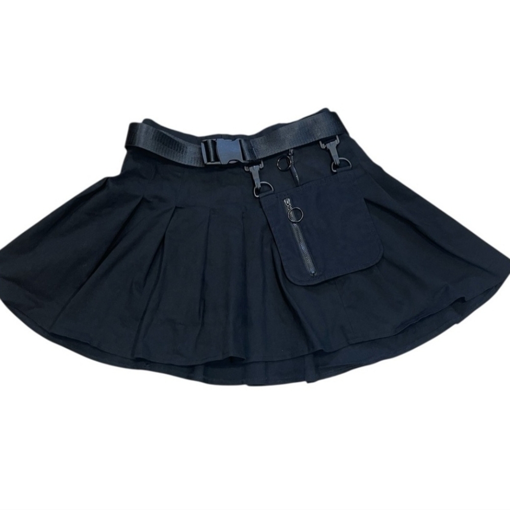 Current mood Utility Pocket Pleated Flare Mini Short Skirt Punk Black Size Small